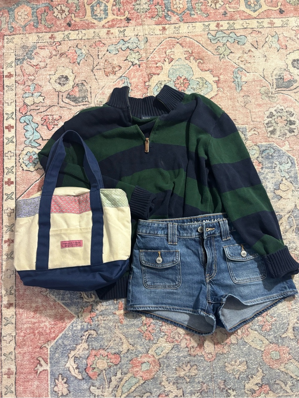 Brandy Melville Navy and Forest Green Striped Half-Zip Sweater